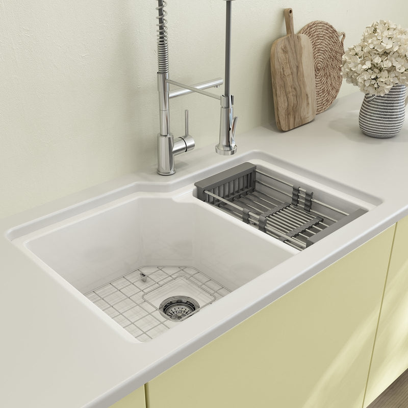 SOTTO 33" Semi Reveal undermount or drop in Fireclay 33" Double Bowl Kitchen Sink, dual mount