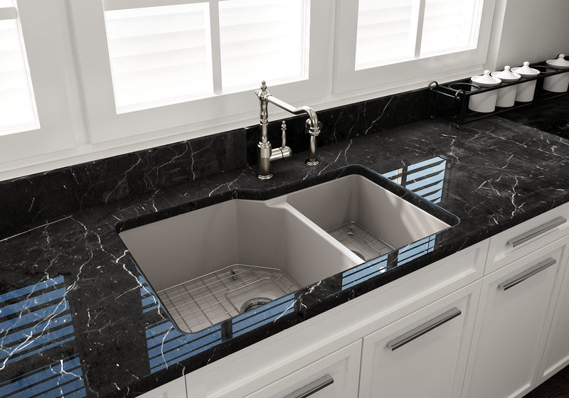 SOTTO 33" Semi Reveal undermount or drop in Fireclay 33" Double Bowl Kitchen Sink, dual mount