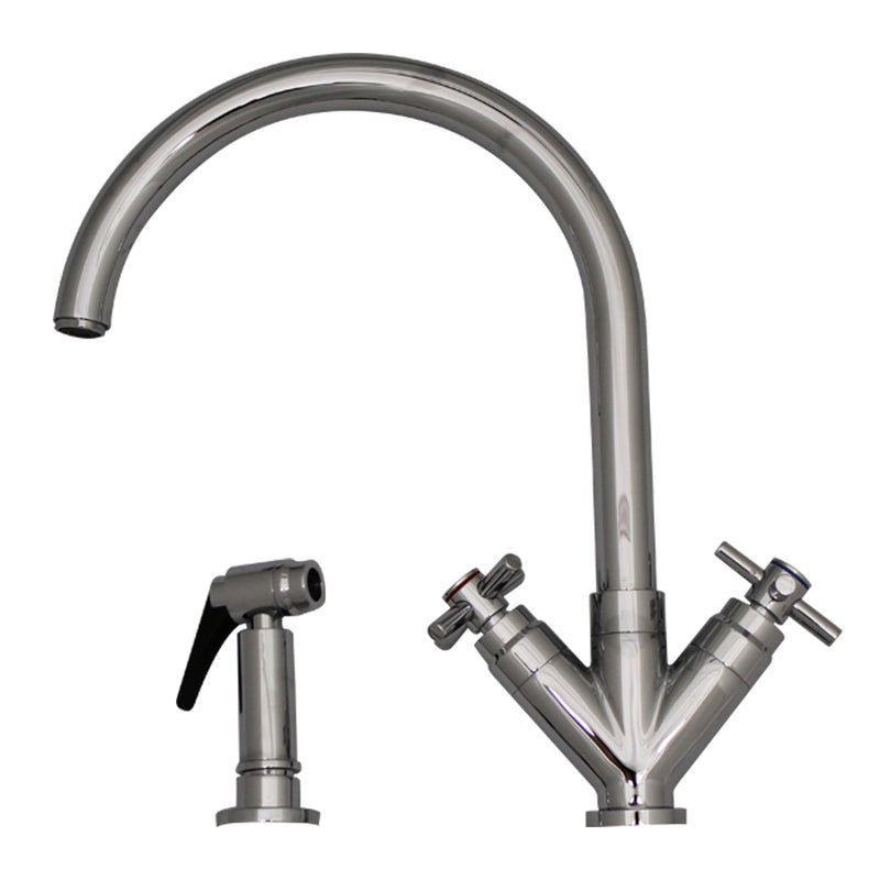 Whitehaus Luxe+ Dual Handle Faucet with Gooseneck Swivel Spout, "V" Cross Style Handles and Solid Brass Side Spray