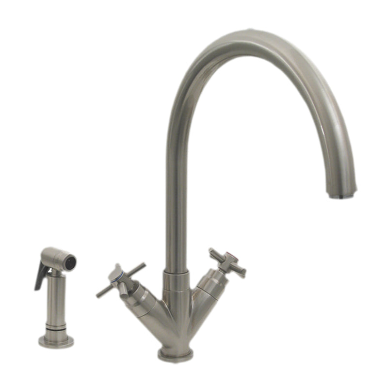 Whitehaus Luxe+ Dual Handle Faucet with Gooseneck Swivel Spout, "V" Cross Style Handles and Solid Brass Side Spray