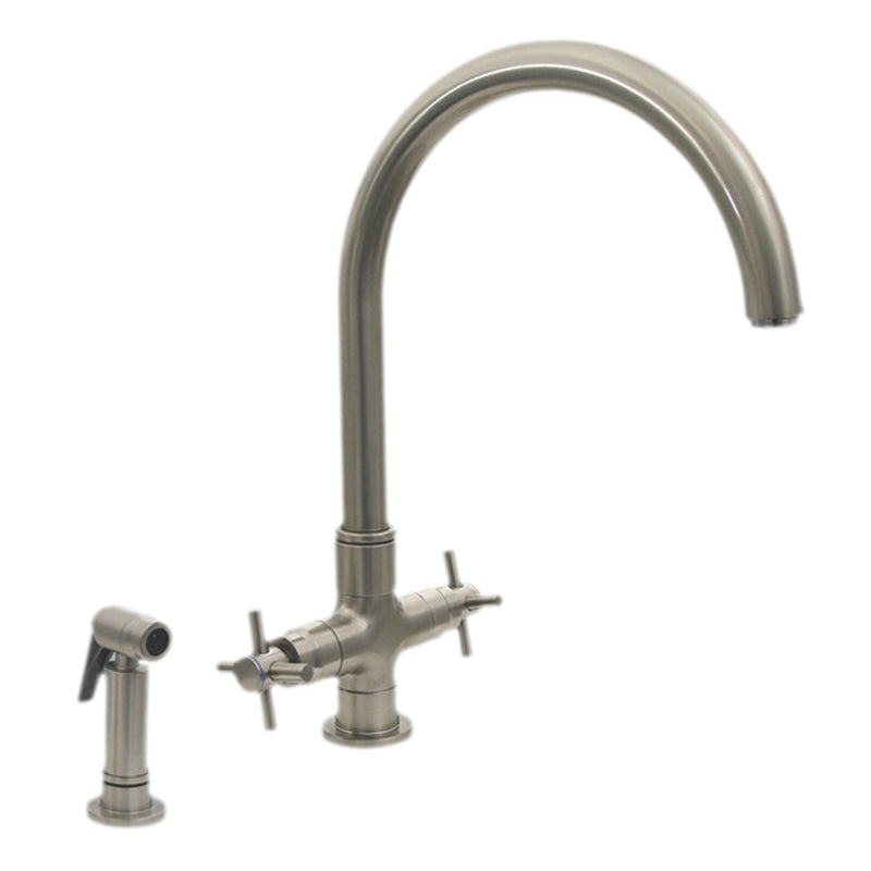 Whitehaus Luxe+ Dual Handle Faucet with Gooseneck Swivel Spout, Cross Style Handles and Solid Brass Side Spray