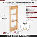 REV A SHELF : Wood Wall Filler Pullout for 30" H New Kitchen Applications w/ BB Soft-Close