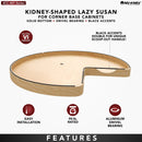 REV A SHELF : 32" Craftsman Collection Solid Maple Kidney-Shaped Lazy Susan for Corner Base Cabinets w/ Swivel Bearing and Black Accents