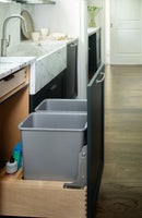 REV A SHELF : Double Silver 30 Qt. Maple Bottom Mount Pullout Waste Container w/ BLUM Soft-Close Slides