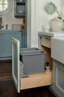 REV A SHELF : Double Silver 30 Qt. Maple Bottom Mount Pullout Waste Container w/ BLUM Soft-Close Slides