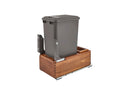 REV A SHELF : Single Silver 50 Qt. Walnut Bottom Mount Pullout Waste Container w/ (1) Lid and BLUM Soft-Close Slides