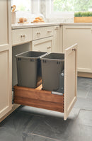 REV A SHELF : Single Silver 50 Qt. Walnut Bottom Mount Pullout Waste Container w/ (1) Lid and BLUM Soft-Close Slides