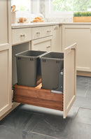 REV A SHELF : Double Silver 35 Qt. Walnut Bottom Mount Pullout Waste Container w/ (1) Lid and BLUM Soft-Close Slides
