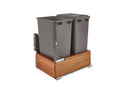 REV A SHELF : Double Silver 50 Qt. Walnut Bottom Mount Pullout Waste Container w/ (1) Lid and BLUM Soft-Close Slides