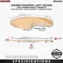 REV A SHELF : 28" Maple Solid Bottom Kidney-Shaped Lazy Susan for Corner Base Cabinet w/ Swivel Bearing