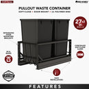 REV A SHELF : Aluminum Double Black 27 Qt. Pullout Waste Container w/ Soft-Close for 15" Base Cabinets