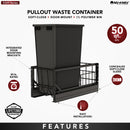 REV A SHELF : Aluminum Single Black 50 Qt. Pullout Waste Container w/ Soft-Close for 15" Base Cabinets