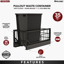 REV A SHELF : Aluminum Single Black 35 Qt. Pullout Waste Container w/ Soft-Close for 15" Base Cabinets