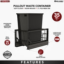 REV A SHELF : Aluminum Single Black 35 Qt. Pullout Waste Container w/ Soft-Close for 15" Reduced Depth Base Cabinets