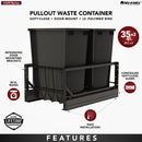 REV A SHELF : Aluminum Double Black 35 Qt. Pullout Waste Container w/ Soft-Close for 18" Base Cabinets