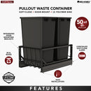 REV A SHELF : Aluminum Double Black 50 Qt. Pullout Waste Container w/ Soft-Close for 21" Base Cabinets