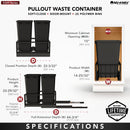 REV A SHELF : Aluminum Double Black 50 Qt. Pullout Waste Container w/ Soft-Close for 21" Base Cabinets