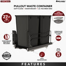 REV A SHELF : Steel Double Black 27 Qt. Bottom Mount Pullout Waste Container w/ Soft-Close for 15" Base Cabinets