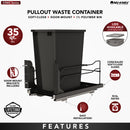 REV A SHELF : Steel Single Black 35 Qt. Bottom Mount Pullout Waste Container w/ Soft-Close for 15" Base Cabinets