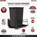 REV A SHELF : Steel Single Black 50 Qt. Bottom Mount Pullout Waste Container w/ Soft-Close for 15" Base Cabinets