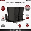 REV A SHELF : Steel Double Black 35 Qt. Bottom Mount Pullout Waste Container w/ Soft-Close for 18" Base Cabinets