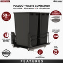 REV A SHELF : Steel Double Black 50 Qt. Bottom Mount Pullout Waste Container w/ Soft-Close for 21" Base Cabinets
