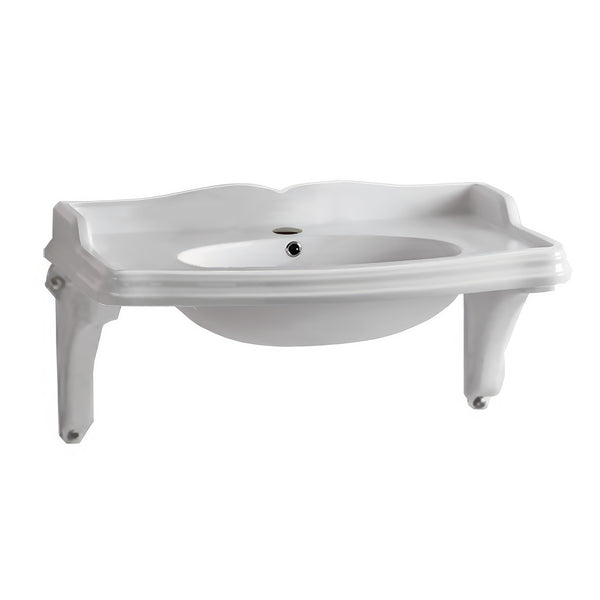 Whitehaus Isabella Collection Large Rectangular Wall Mount Basin with Integrated Oval Bowl, Single Hole Faucet Drilling and Ceramic Shelf Supports