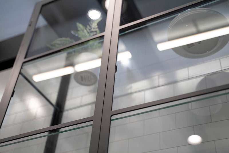 Metal with Glass Cabinet - Matte Black (33" - 48"W and 30" - 54"H), 15"D