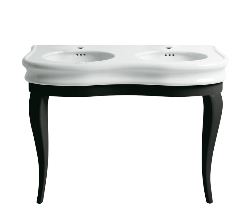 Whitehaus Isabella Collection Large Console with integrated oval bowls, Overflow and Black Wooden Leg Support