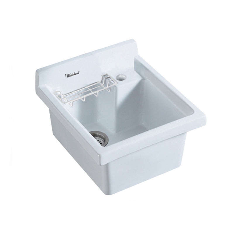 Whitehaus Vitreous China Single Bowl, Drop-in Sink with Wire Basket and 3 ½ Inch Off Center Drain