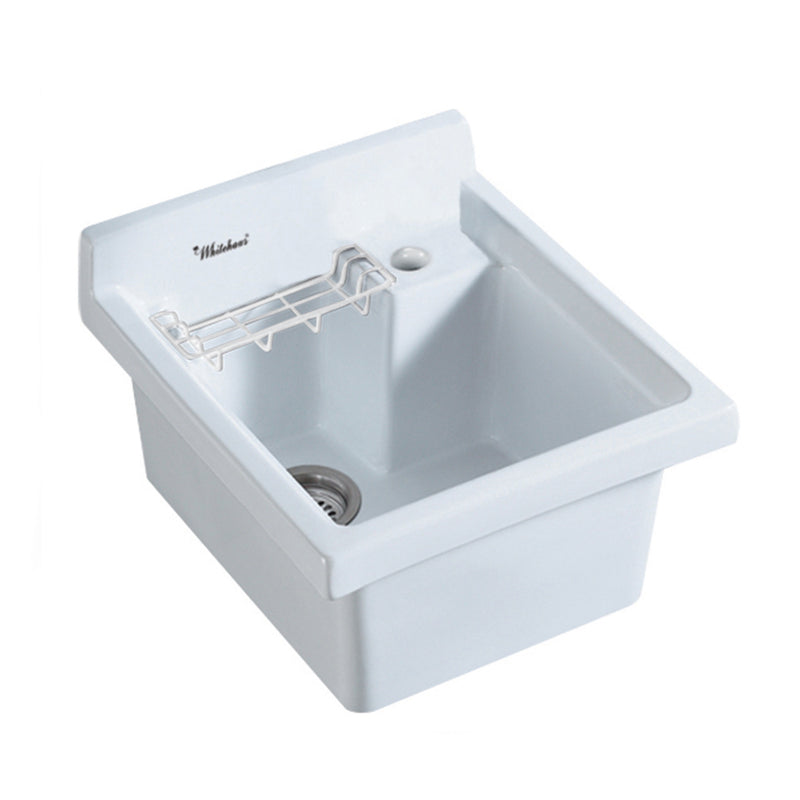 Whitehaus Vitreous China Single Bowl, Drop-in Sink with Wire Basket and 3 ½ Inch Off Center Drain