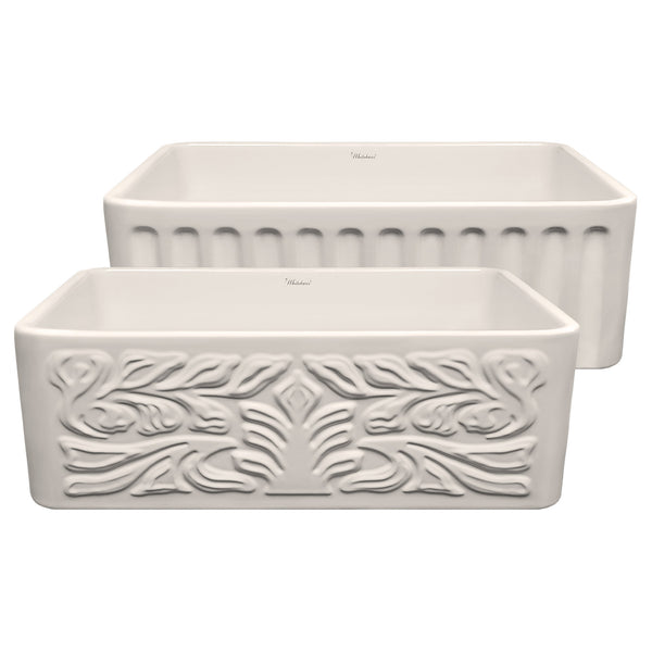 Whitehaus Farmhaus Fireclay Reversible Sink with a Gothichaus Swirl Design Front Apron on One Side, and a Fluted Front Apron on the Opposite Side.