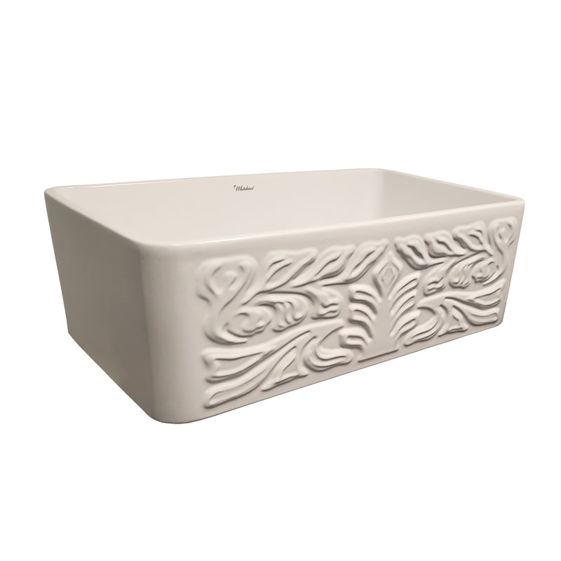 Whitehaus Farmhaus Fireclay Reversible Sink with a Gothichaus Swirl Design Front Apron on One Side, and a Fluted Front Apron on the Opposite Side.