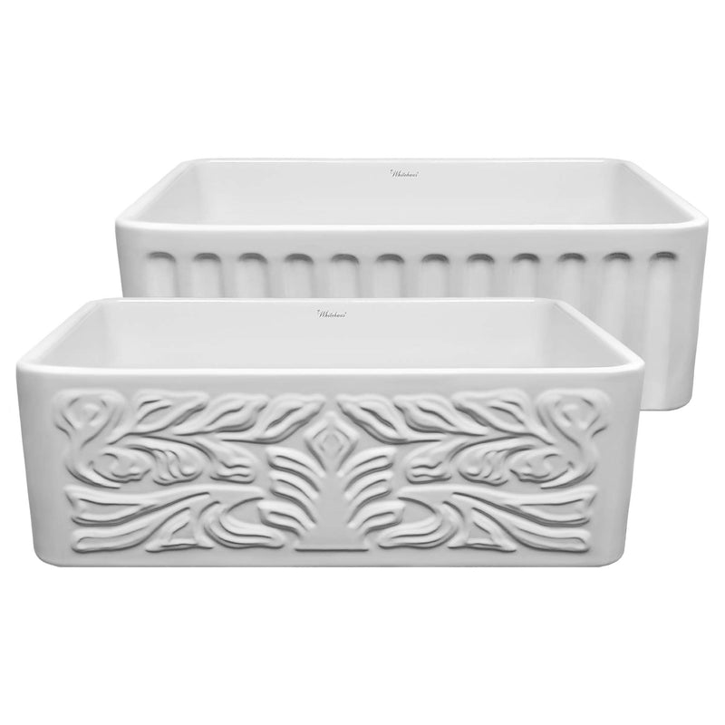 Whitehaus Farmhaus Fireclay Reversible Sink with a Gothichaus Swirl Design Front Apron on One Side, and a Fluted Front Apron on the Opposite Side.