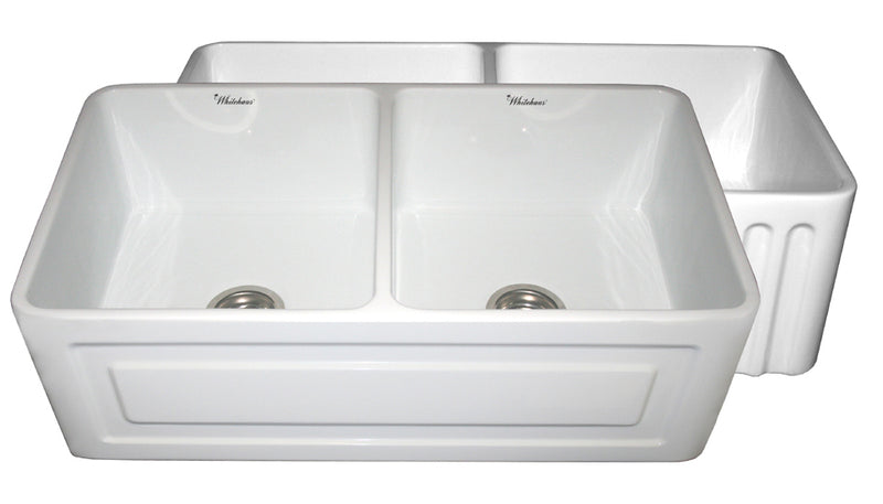 Whitehaus Farmhaus Fireclay Reversible Double Bowl Sink with a Raised Panel Front Apron on One Side and Fluted Front Apron on the Opposite Side