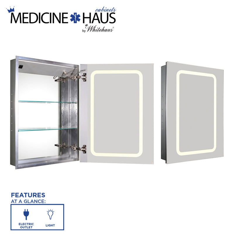 Whitehaus Medicinehaus Recessed Single Mirrored Door Medicine Cabinet with Outlet and LED Power Dimmer for Light