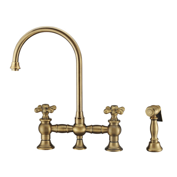 Whitehaus Vintage III Plus Bridge Faucet with Long Gooseneck Swivel Spout, Cross Handles and Solid Brass Side Spray