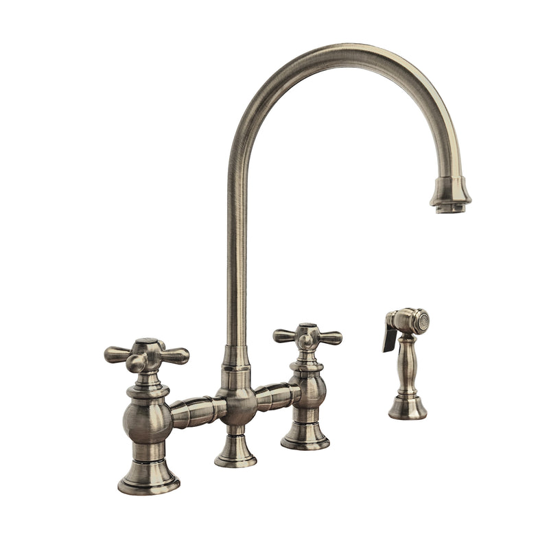 Whitehaus Vintage III Plus Bridge Faucet with Long Gooseneck Swivel Spout, Cross Handles and Solid Brass Side Spray