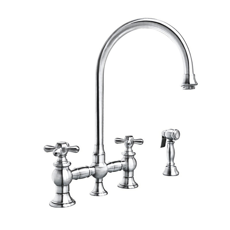 Whitehaus Vintage III Plus Bridge Faucet with Long Gooseneck Swivel Spout, Cross Handles and Solid Brass Side Spray