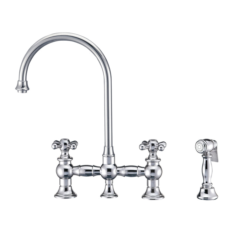 Whitehaus Vintage III Plus Bridge Faucet with Long Gooseneck Swivel Spout, Cross Handles and Solid Brass Side Spray