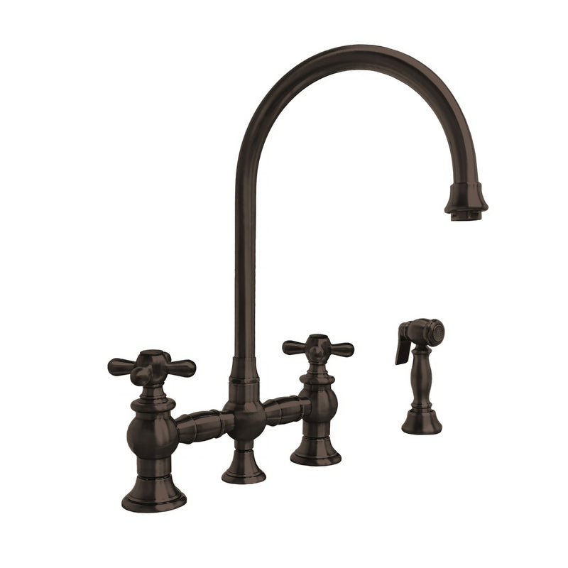 Whitehaus Vintage III Plus Bridge Faucet with Long Gooseneck Swivel Spout, Cross Handles and Solid Brass Side Spray