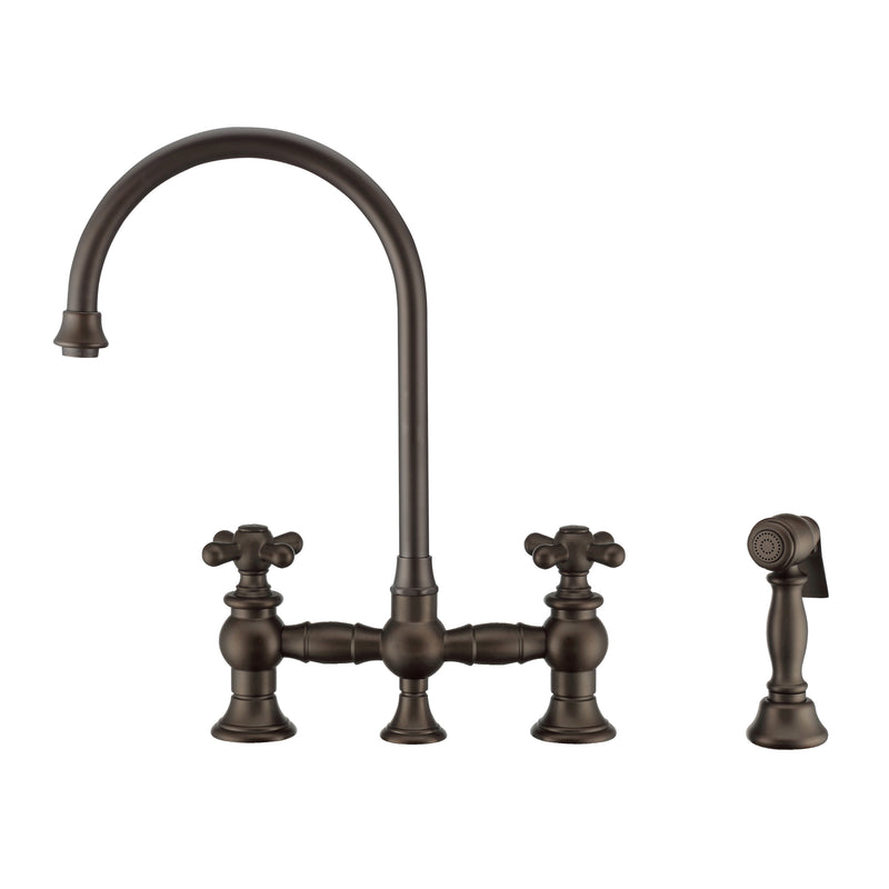 Whitehaus Vintage III Plus Bridge Faucet with Long Gooseneck Swivel Spout, Cross Handles and Solid Brass Side Spray