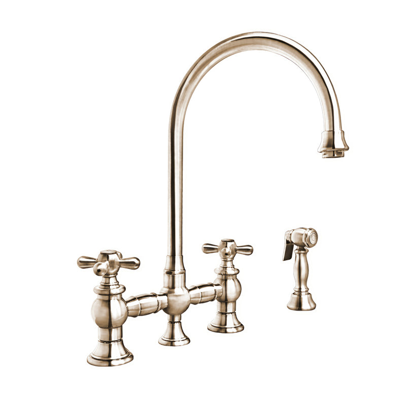 Whitehaus Vintage III Plus Bridge Faucet with Long Gooseneck Swivel Spout, Cross Handles and Solid Brass Side Spray