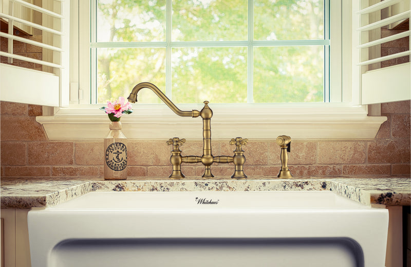 Whitehaus Vintage III Plus Bridge Faucet with Long Traditional Swivel Spout, Cross Handles and Solid Brass Side Spray