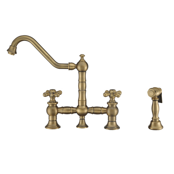 Whitehaus Vintage III Plus Bridge Faucet with Long Traditional Swivel Spout, Cross Handles and Solid Brass Side Spray