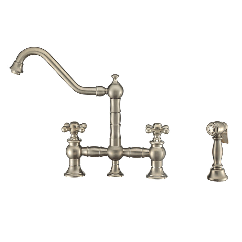 Whitehaus Vintage III Plus Bridge Faucet with Long Traditional Swivel Spout, Cross Handles and Solid Brass Side Spray