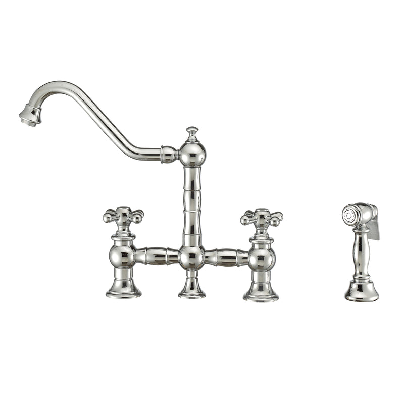 Whitehaus Vintage III Plus Bridge Faucet with Long Traditional Swivel Spout, Cross Handles and Solid Brass Side Spray