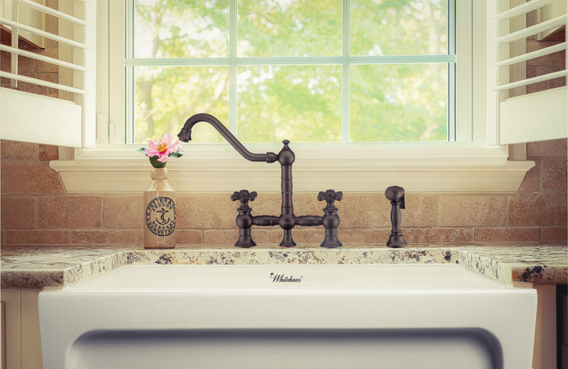 Whitehaus Vintage III Plus Bridge Faucet with Long Traditional Swivel Spout, Cross Handles and Solid Brass Side Spray