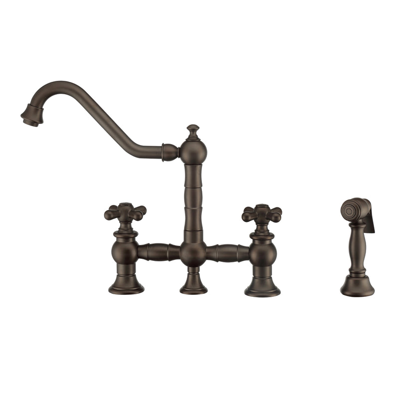 Whitehaus Vintage III Plus Bridge Faucet with Long Traditional Swivel Spout, Cross Handles and Solid Brass Side Spray