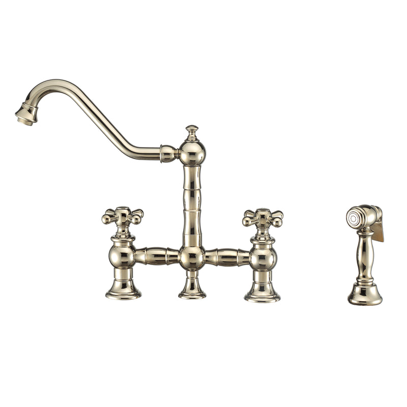 Whitehaus Vintage III Plus Bridge Faucet with Long Traditional Swivel Spout, Cross Handles and Solid Brass Side Spray